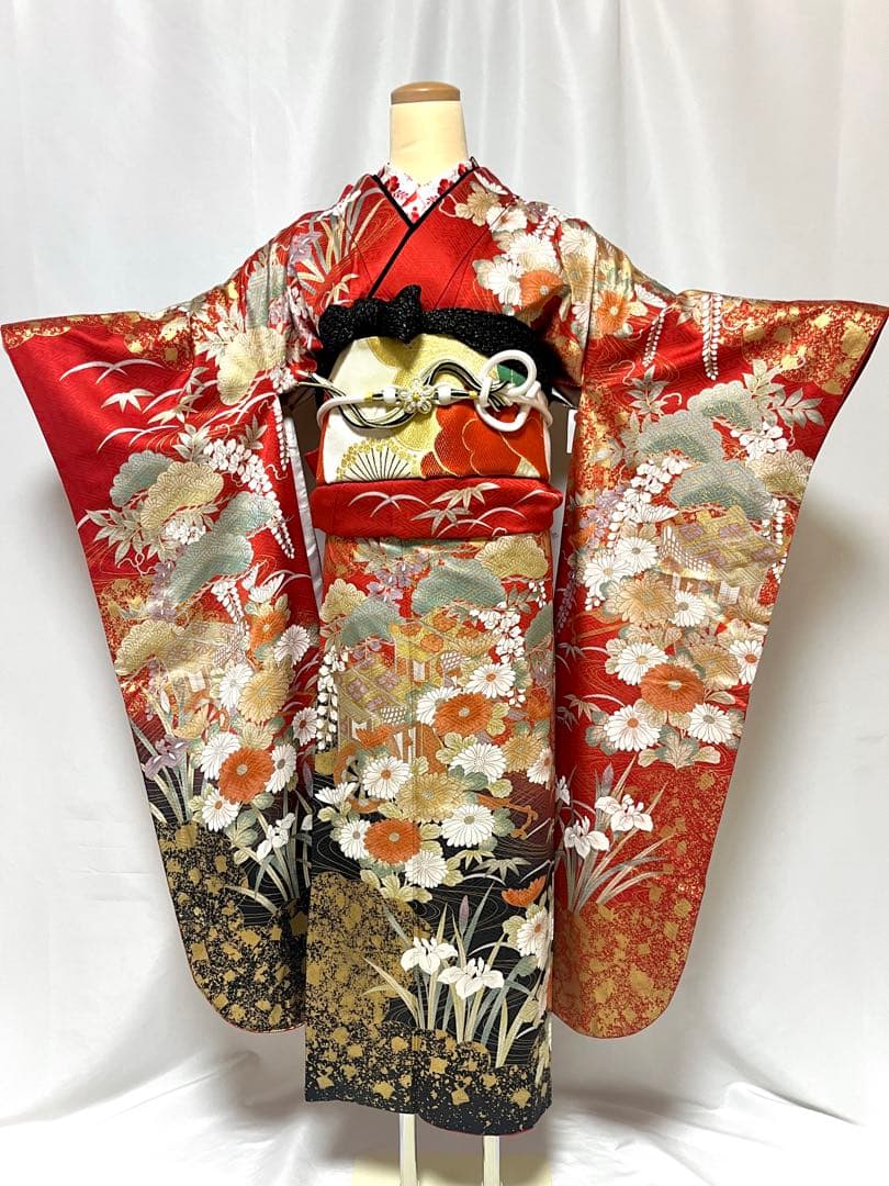 【美おり】FR52157 振袖 正絹 振袖フルセット 7点セット 成人式 赤✖️黒