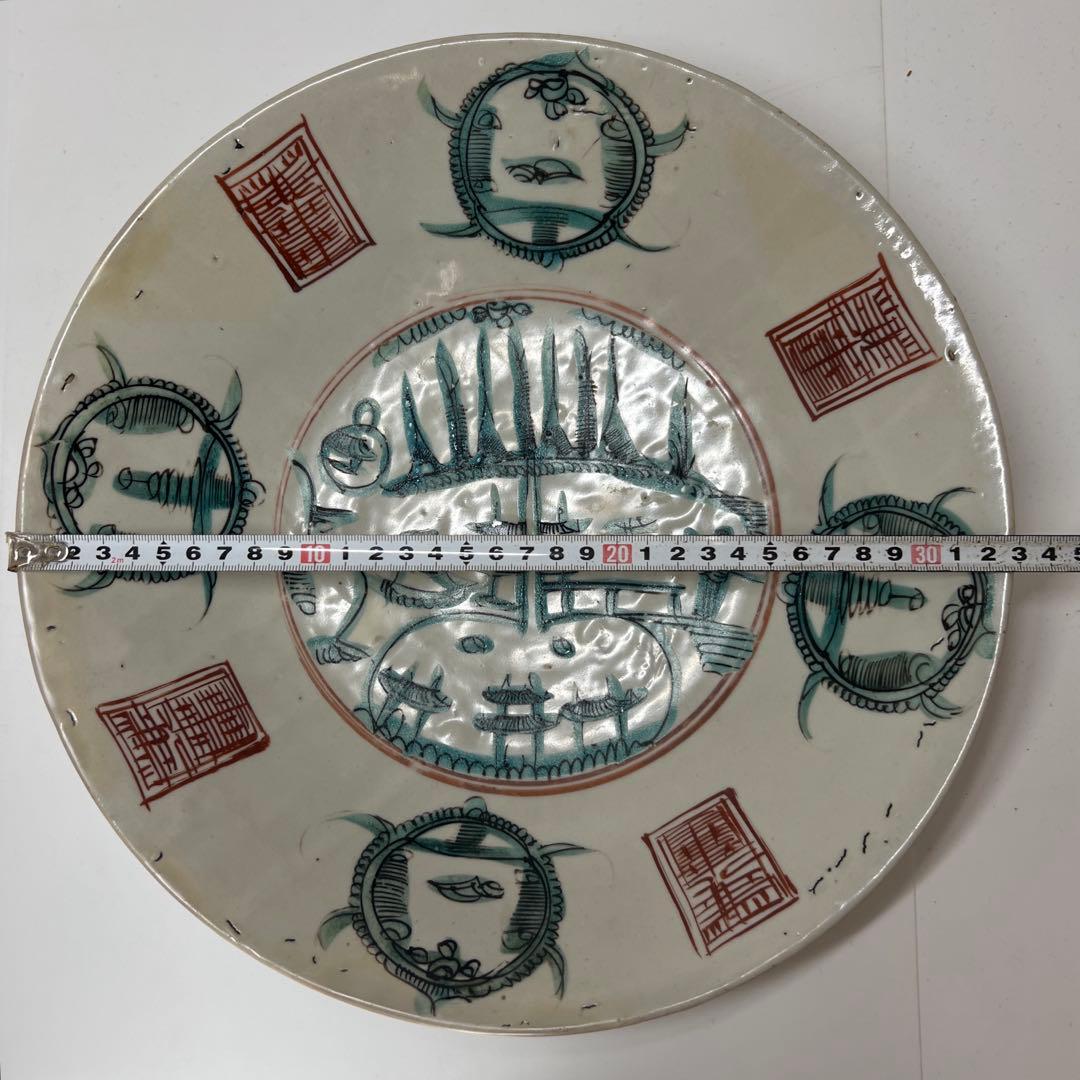中国明時代 呉州赤絵大皿 木箱付 直径33cm 東キ7-0901☆2F トコト