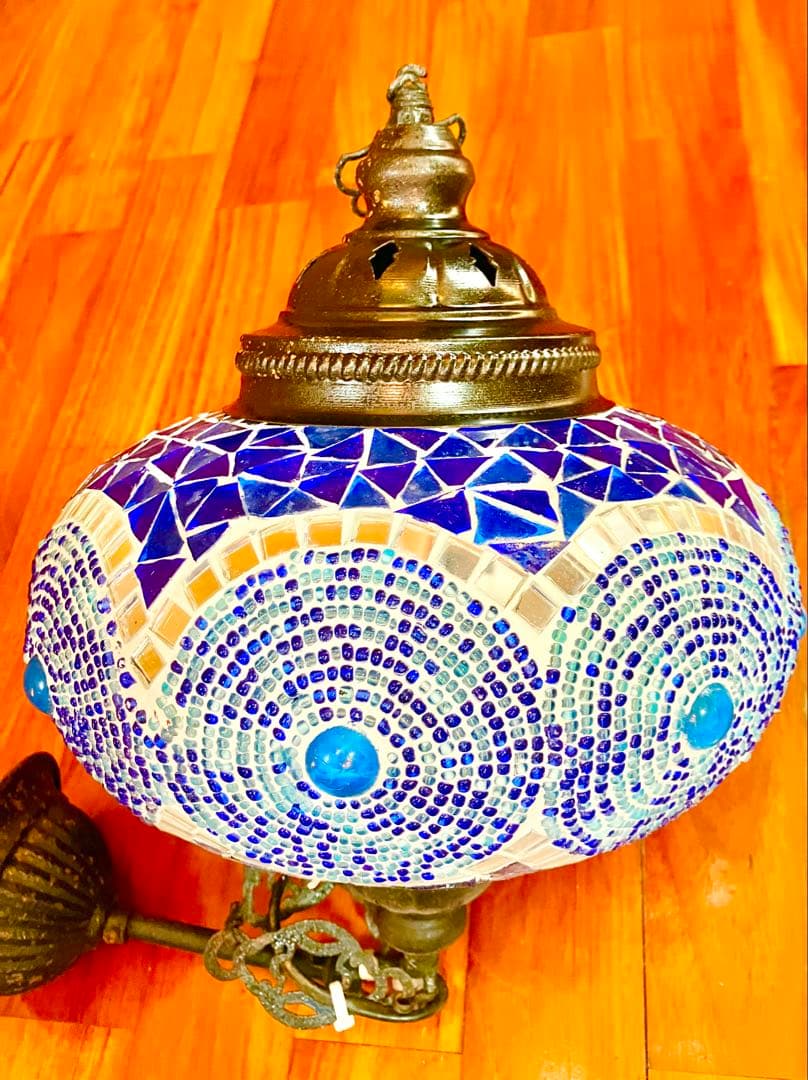 トルコランプ 美品 希少 吊り下げ ブルー　青　ガラスビーズ 引掛シーリング