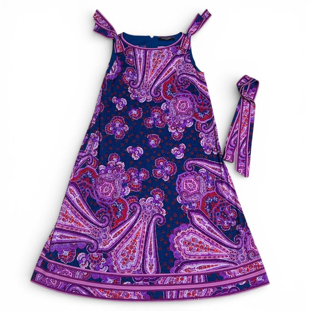 【美品】レオナール　LEONARD　ノースリーブ　リボンワンピース　ペイズリー柄