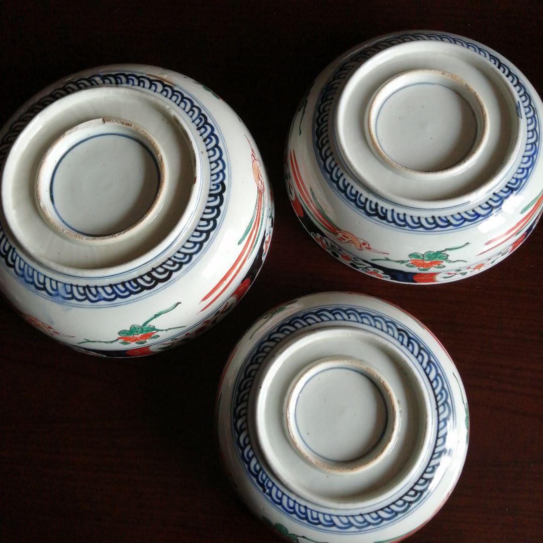 古伊万里　赤絵錦三ツ鉢　22〜28cm　江戸後期〜明治初期