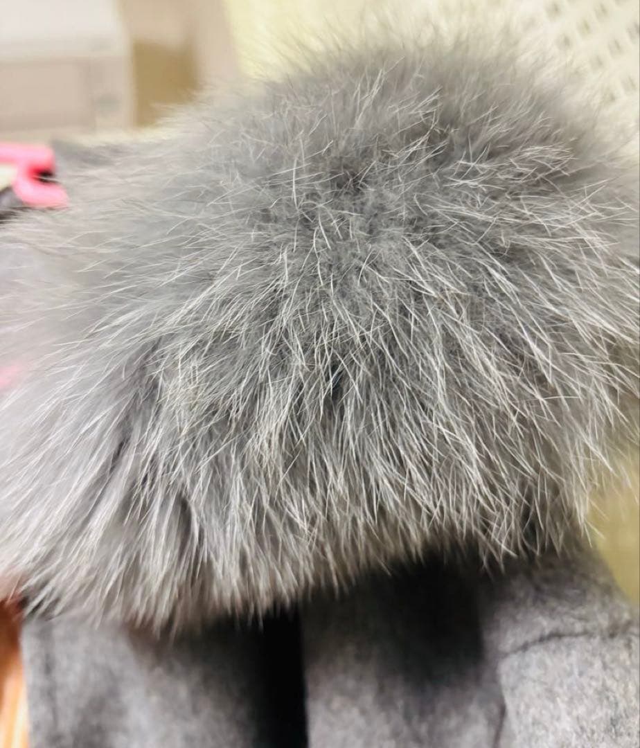 ストラップ&ファー付ウールフードハーフコート グレー