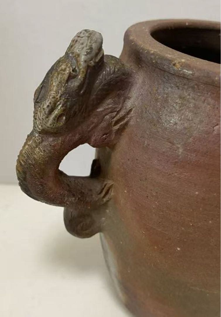 陶器骨董 雙龍型耳付花器 時代 物希少物