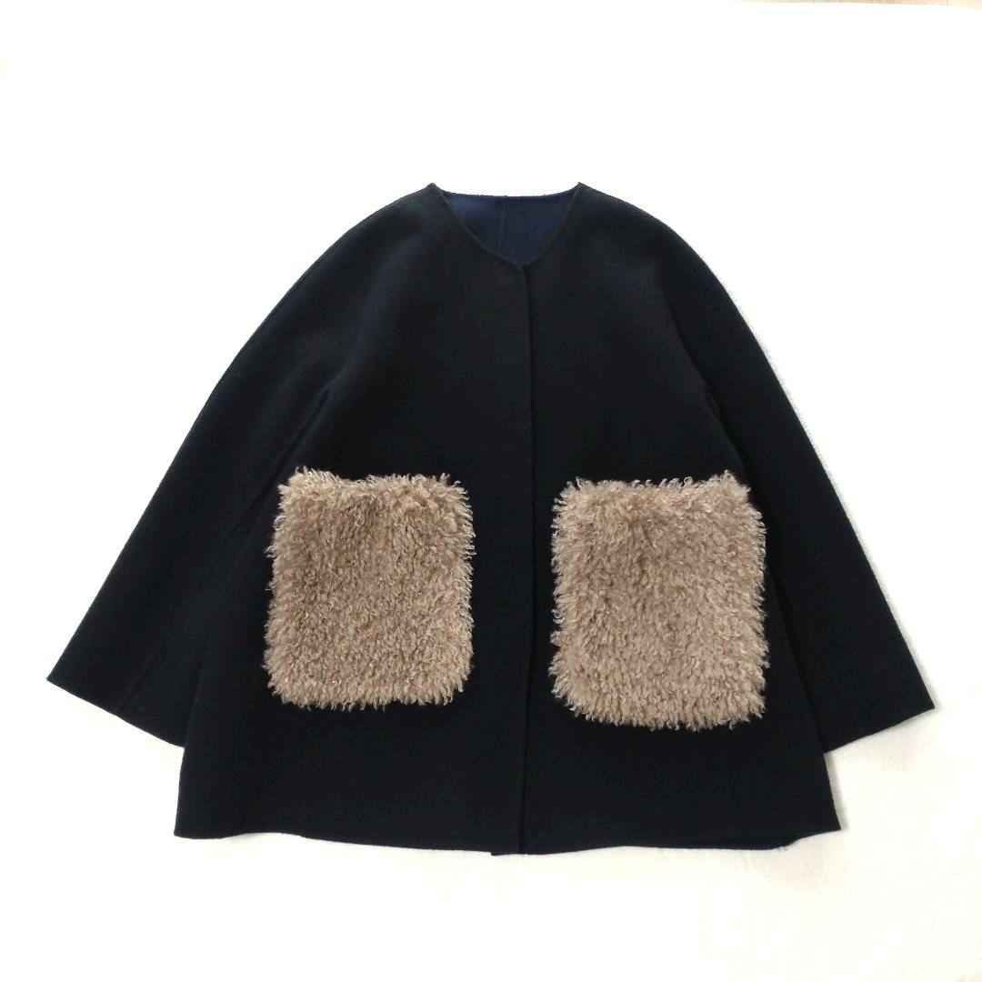 マーレンダム　ハーフリバーコート　ノーカラー　ウール　ボアポケット　黒　40