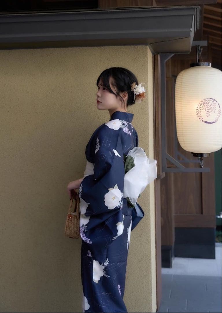 ネイビー花柄浴衣・帯セット