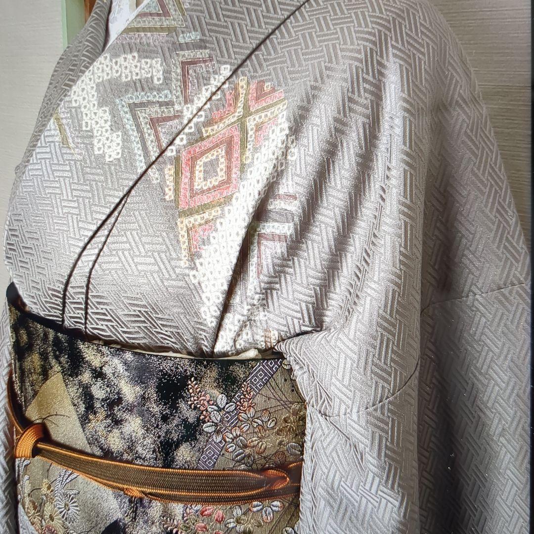 訪問着 身丈167cm 裄丈65.5cm M 袷 菱 幾何学 絞り金彩灰色正絹