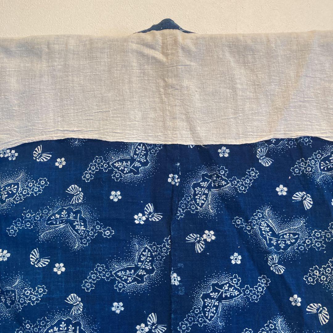 古布　半襦袢　両面染め　型染　藍染　蝶々　桜