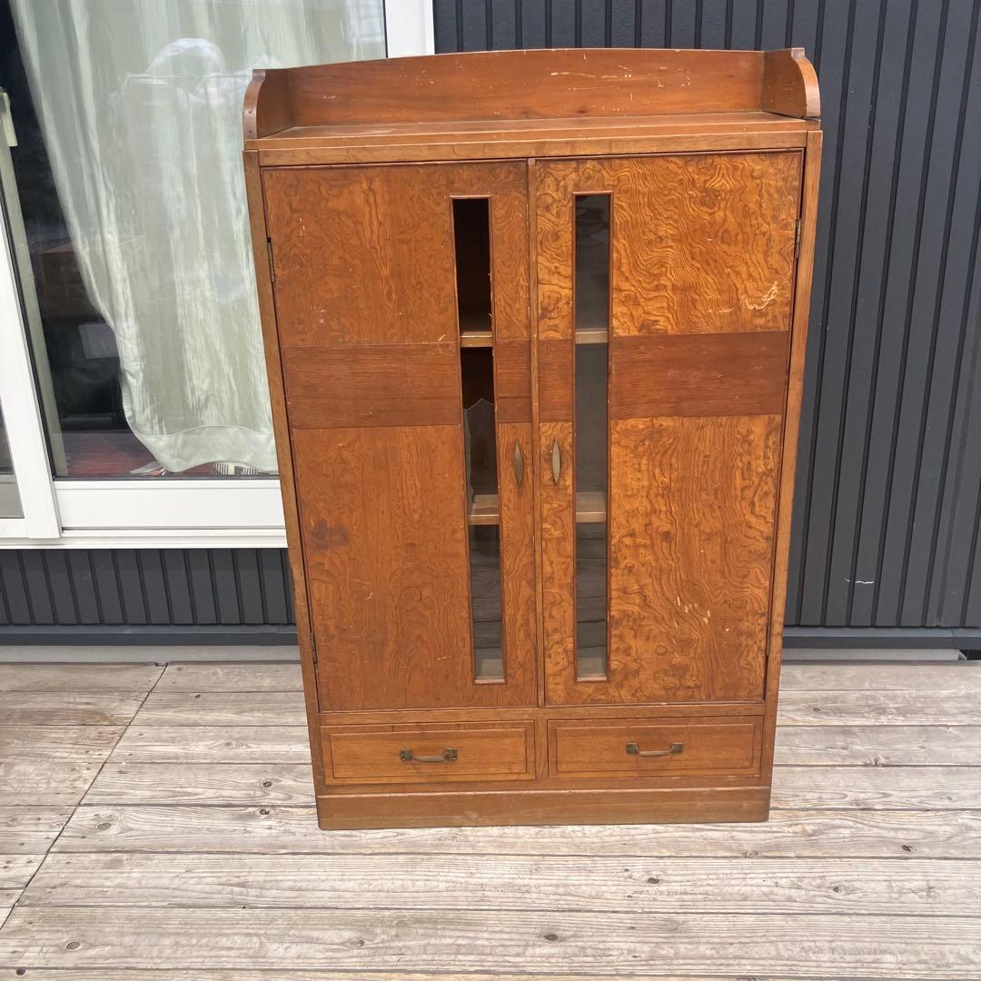 昭和レトロ 古家具 飾りガラス戸 木製キャビネット 食器棚 飾り棚 サイドボード