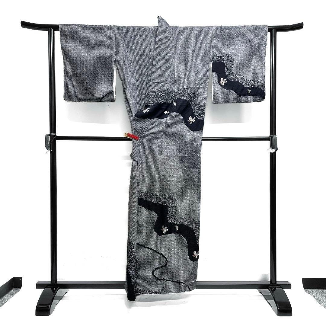 付け下げ　総絞り　刺繍　流水　花模様　花紗綾形地紋　紋無し　着物　103b d