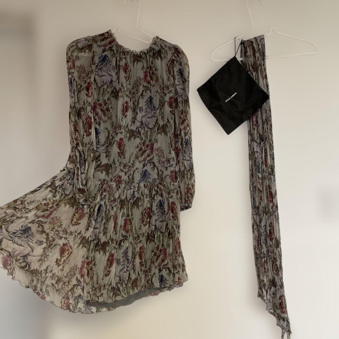 Dolce Gabbana シルク長袖ワンピース　グレー花柄　S