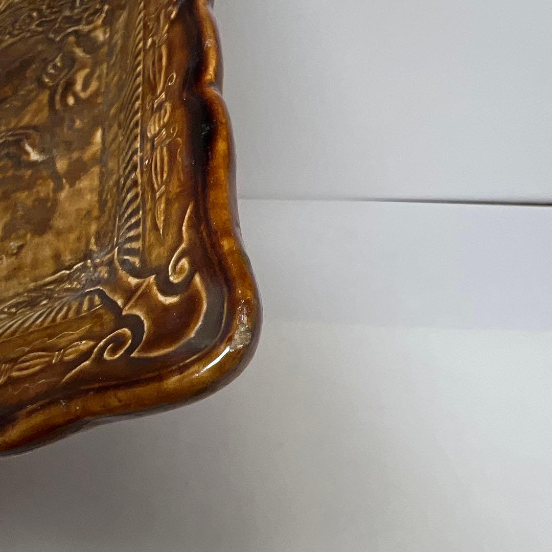 江戸初期　平賀源内　源内焼　獅子図角皿　木箱付　トヒサ　東さ8-0131☆2F