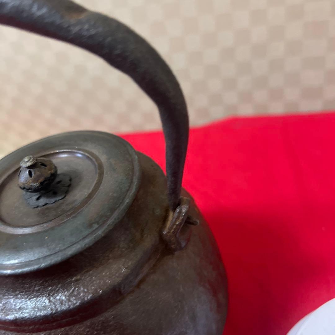 江戸時代　小ぶり650cc 棗形　鉄瓶　斑紫銅蓋龍文堂　煎茶　急須 古美術