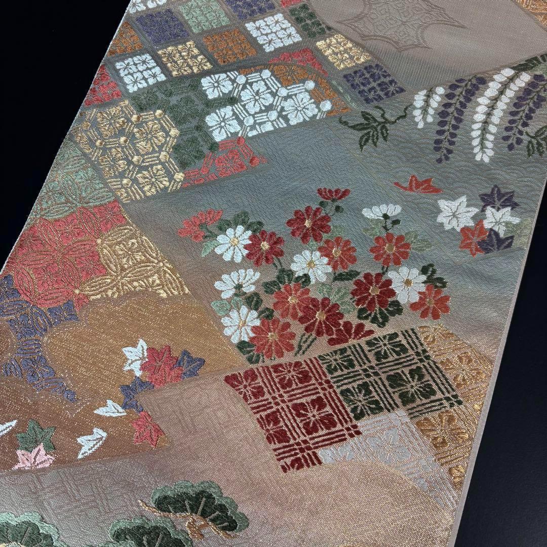 YU-034 袋帯 西陣織 藤 菊 楓 六通 正絹 名品 高級