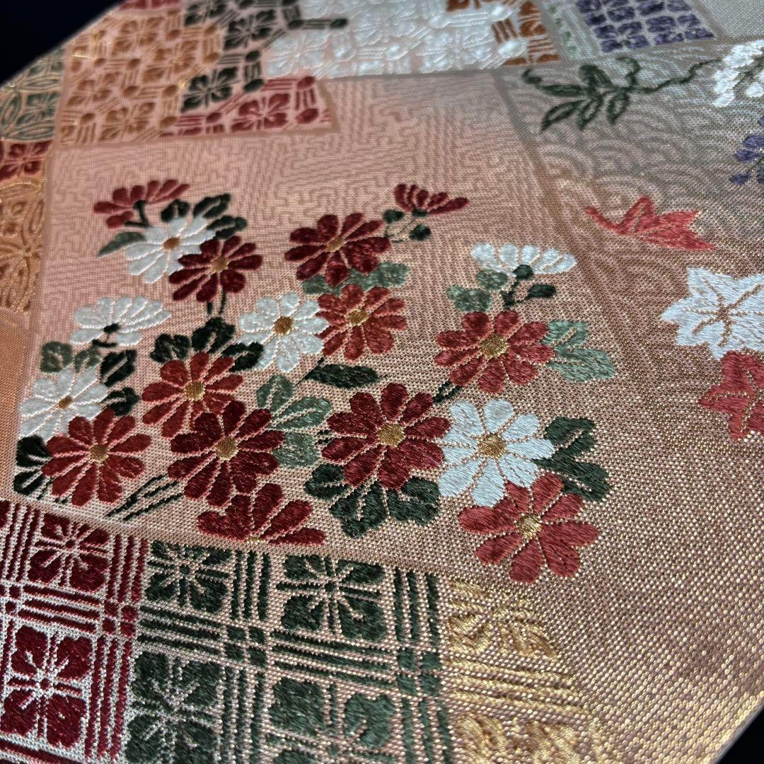 YU-034 袋帯 西陣織 藤 菊 楓 六通 正絹 名品 高級