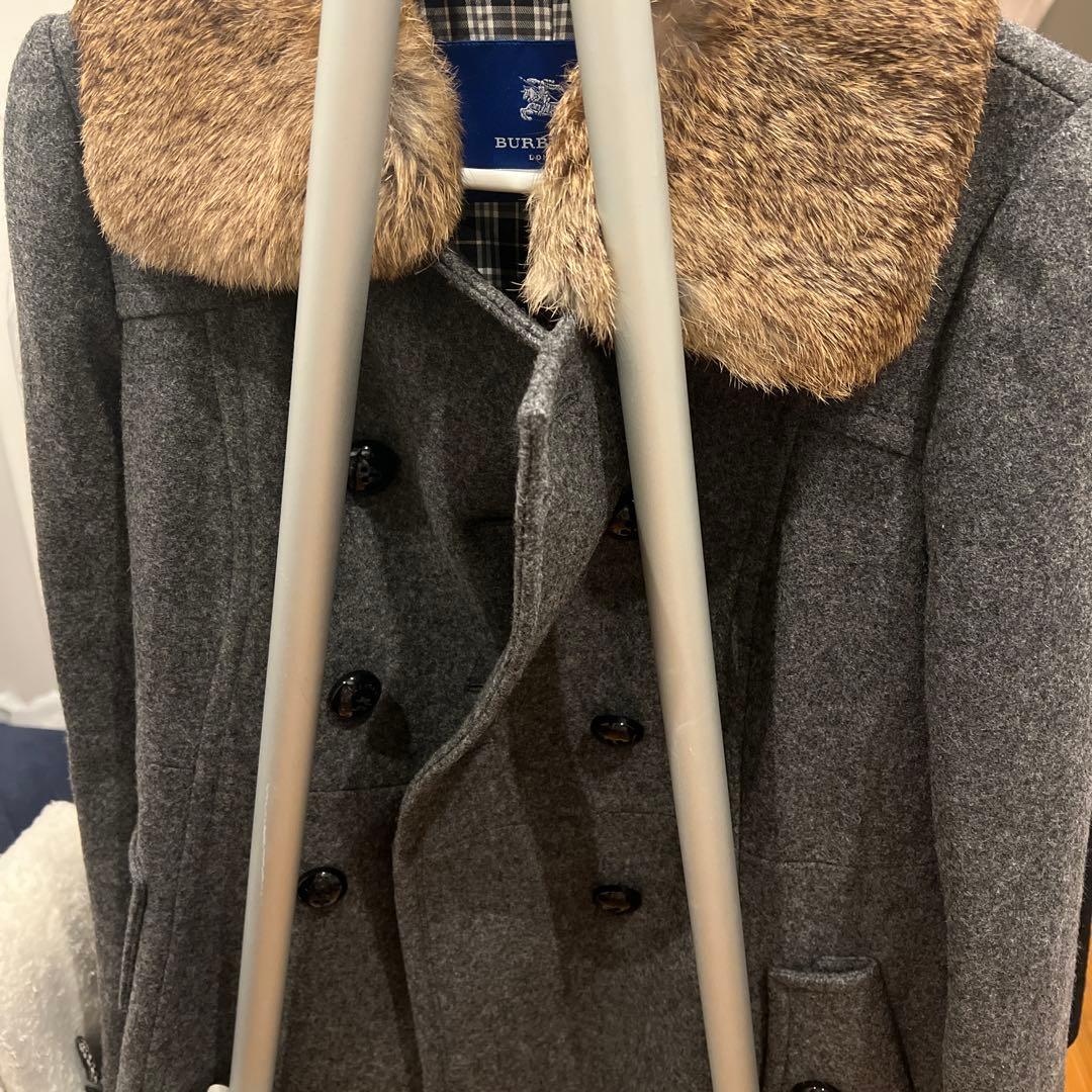 グレー ウール ピーコート ファー襟付き