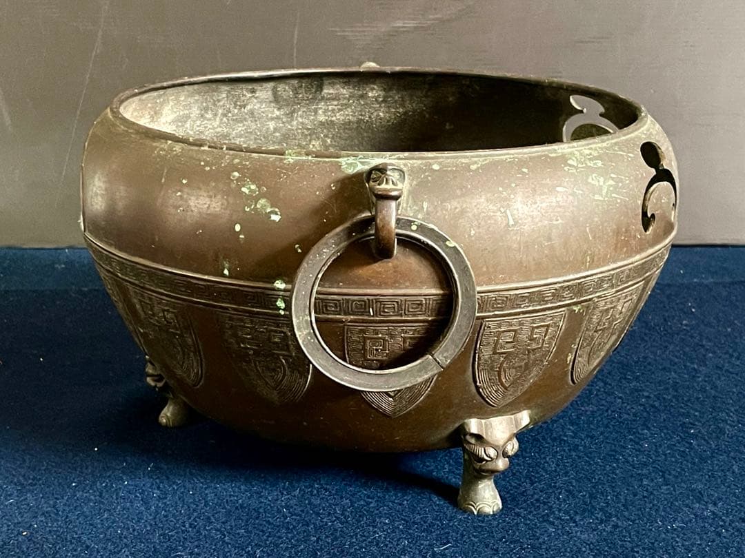 『母』 古銅 瓔珞文 獣足 遊鐶 瓶掛 煎茶道具 （あ④）