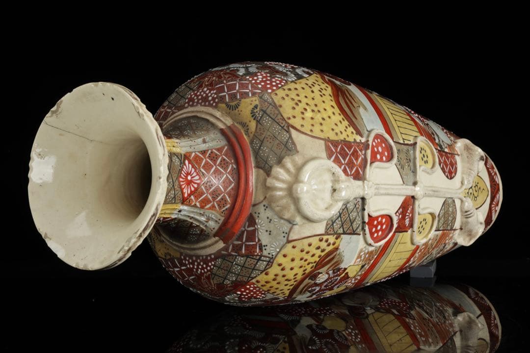 薩摩焼 色絵金彩 武者人物図大花瓶 54㎝ 耳付 飾壺 古美術 骨董品 時代物