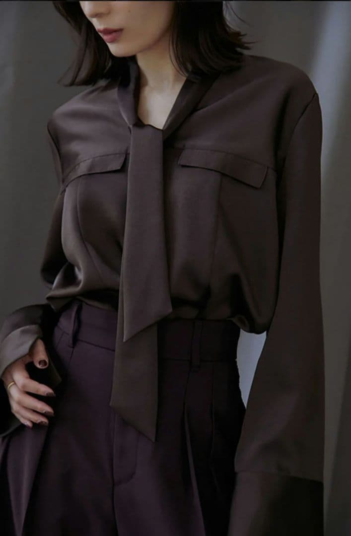 anuans/アニュアンス/サテンVネックタイブラウス/BROWN