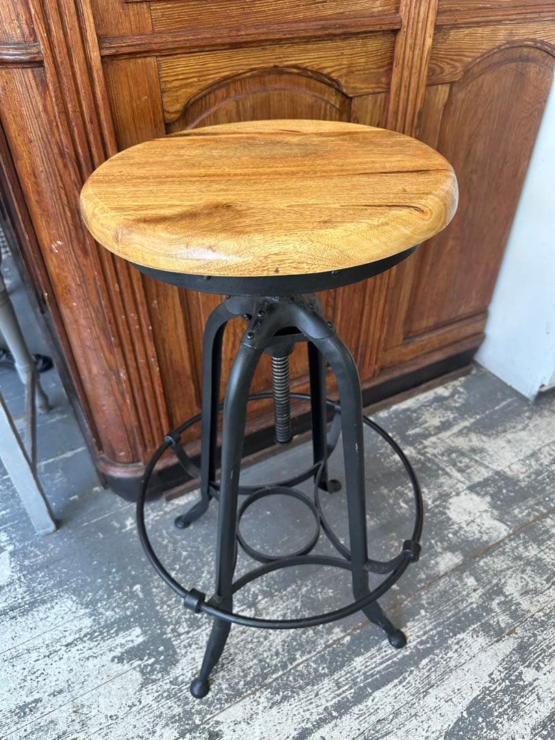 【A】ハイスツール ウッド　インダストリアル　ハイチェアー回転式