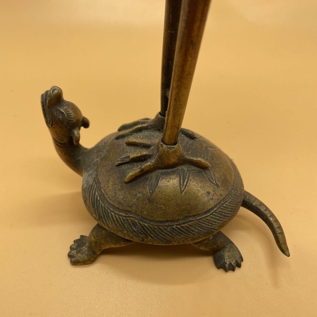 古銅 ロウソク置　鶴亀　縁起