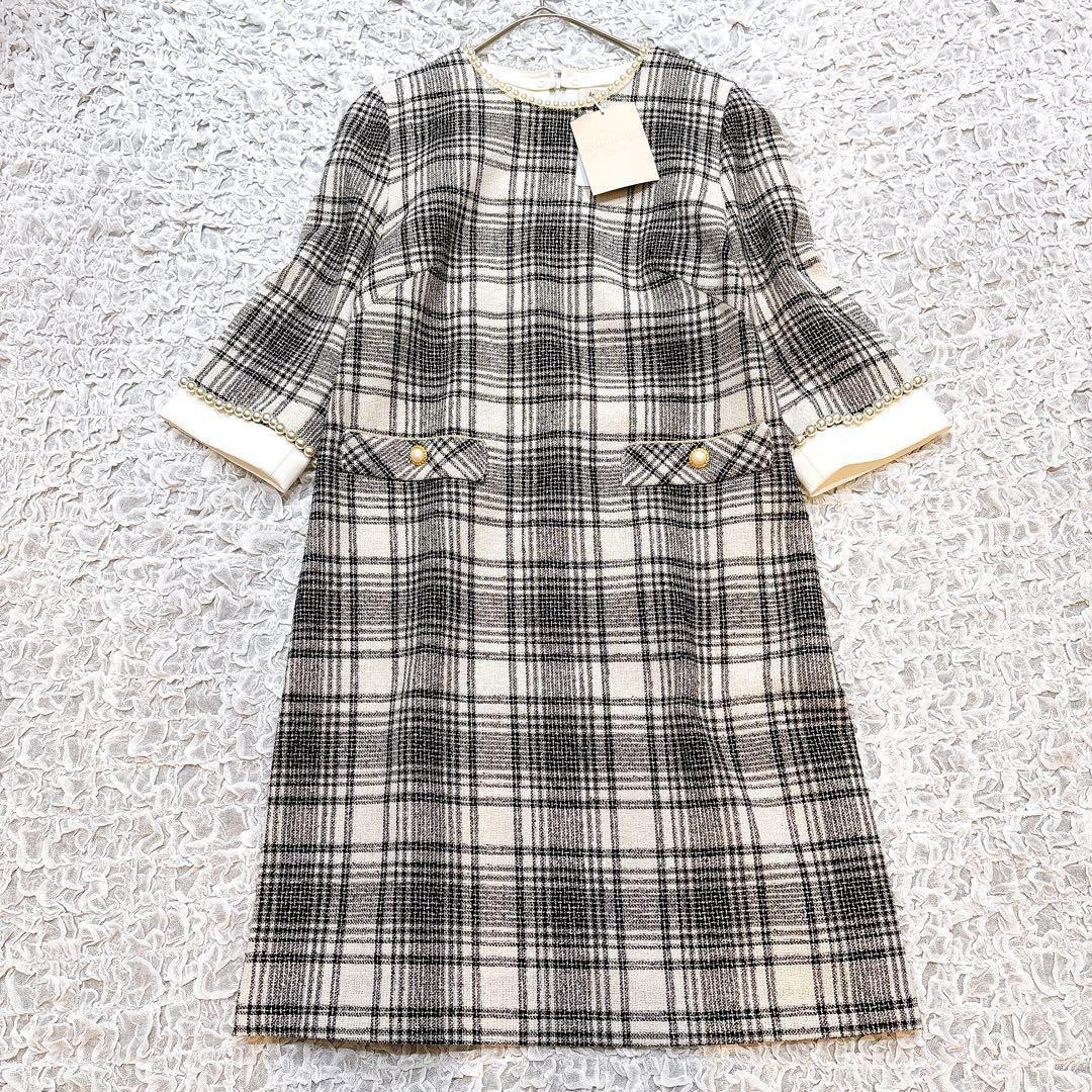 【タグ付】 アプワイザーリッシェ ツイードパールワンピース 7分袖 S チェック
