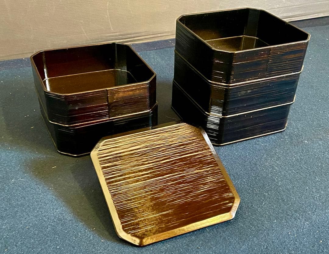 【美品】 利休形 一閑塗 五重 縁高 平安漆匠 鈴木 表朔 本堅地 ヘギ目 (Ｂ