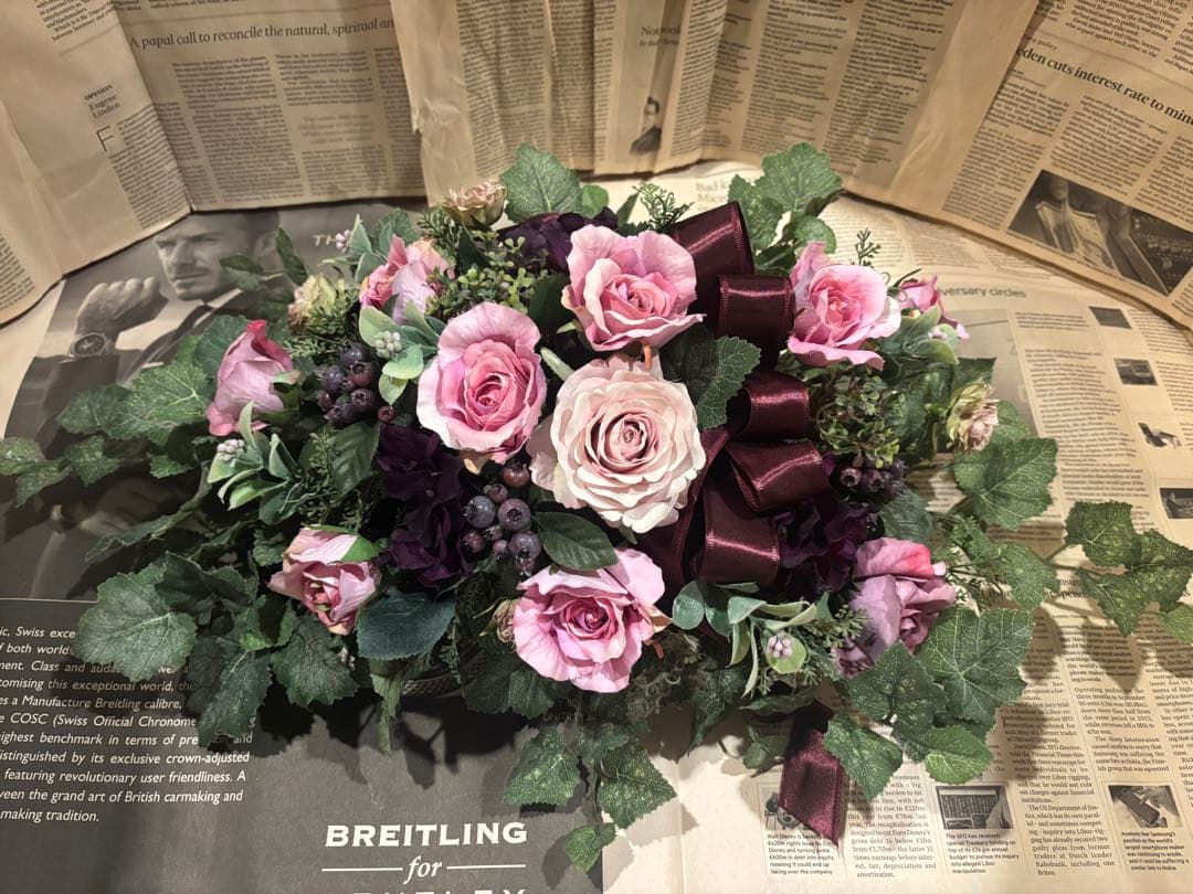 1点モノ☆薔薇と秋色紫陽花のホリゾンタルアレンジ