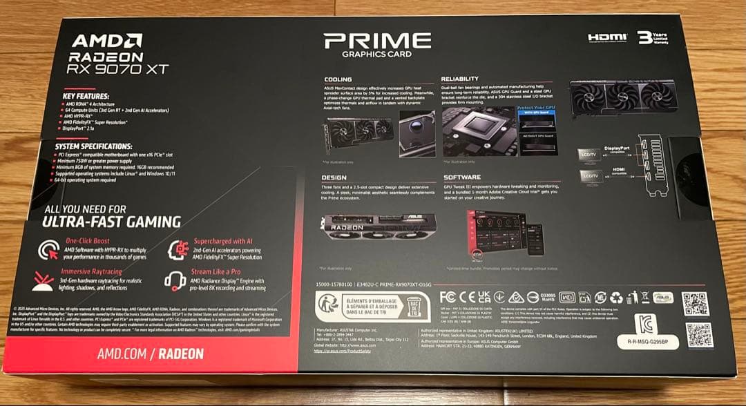 グラフィックボード・グラボ・ビデオカード ASUS PRIME Radeon RX 9070 XT OC Edition