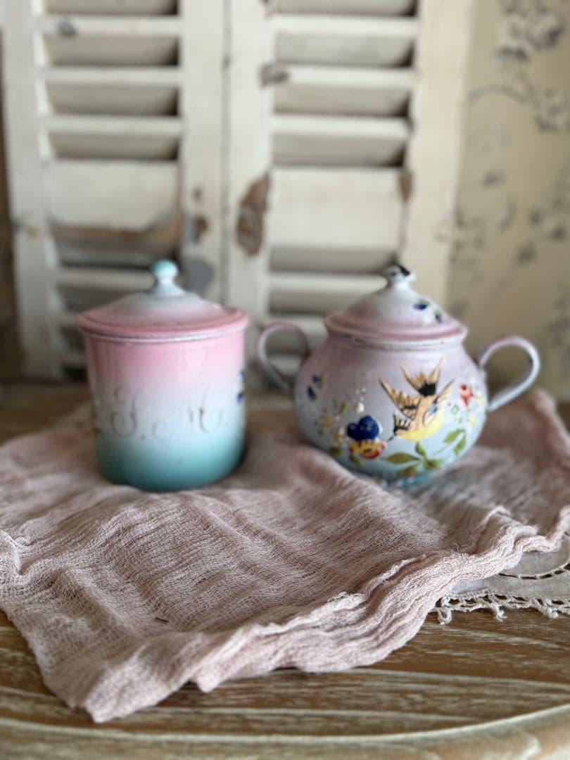 フランスアンティークホーロージャピー社花と小鳥のハンドペイントシュガーポット