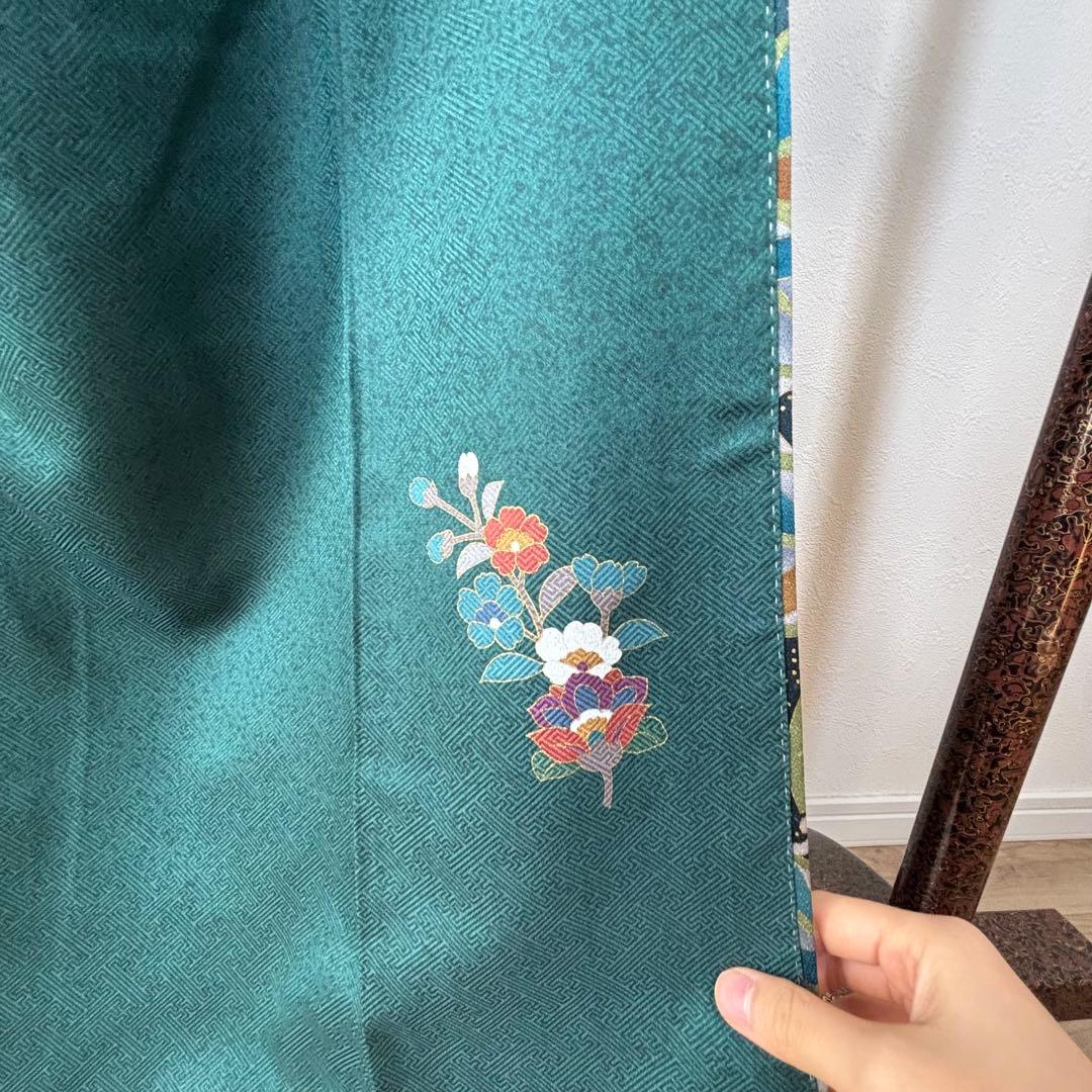 超美品　訪問着　正絹　現代　着物　青緑　紺　青　黄色　光沢　165裄68