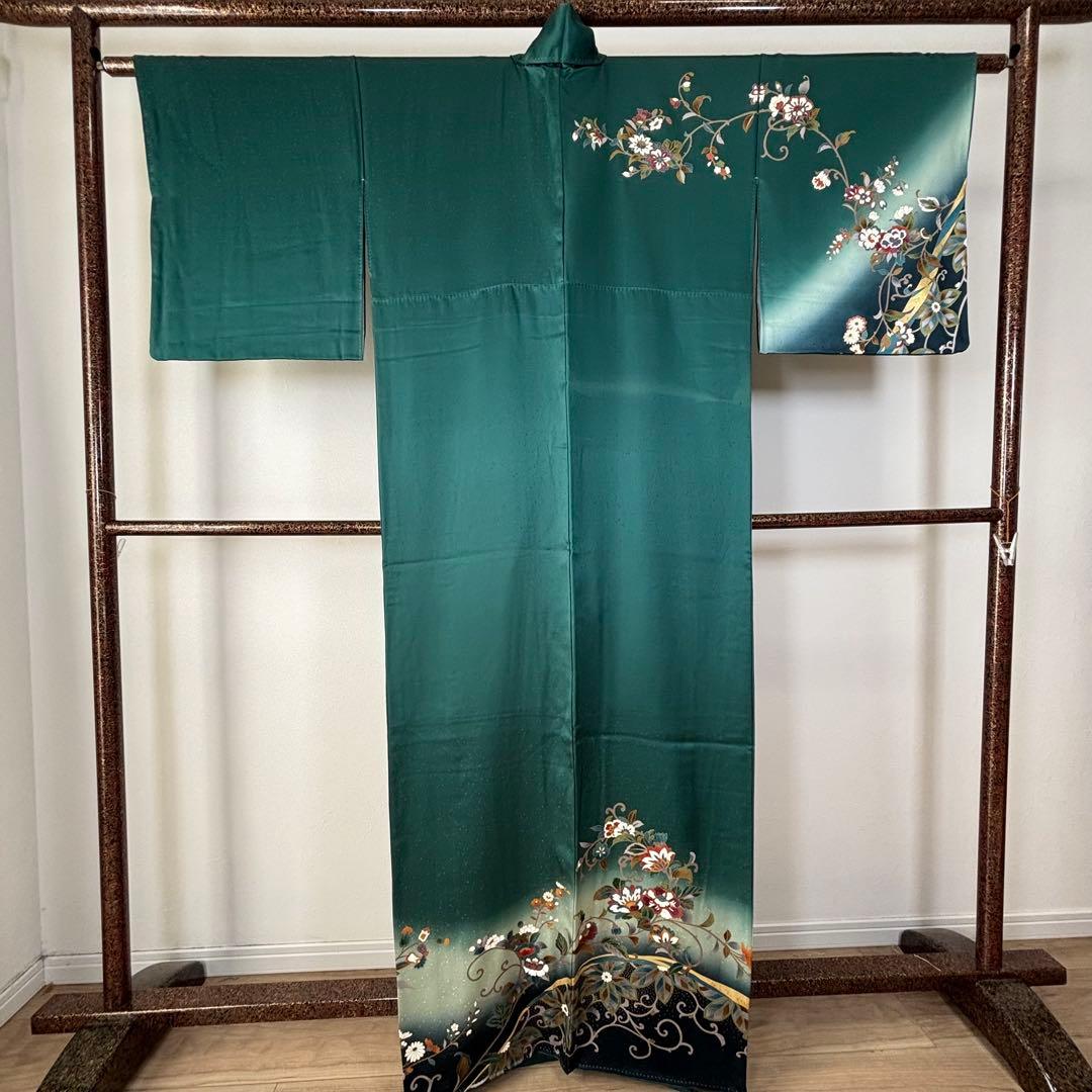 超美品　訪問着　正絹　現代　着物　青緑　紺　青　黄色　光沢　165裄68