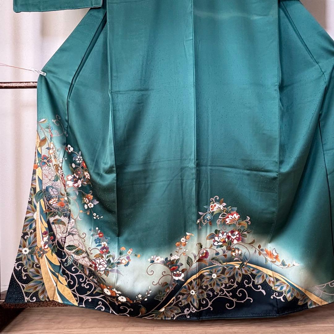 超美品　訪問着　正絹　現代　着物　青緑　紺　青　黄色　光沢　165裄68