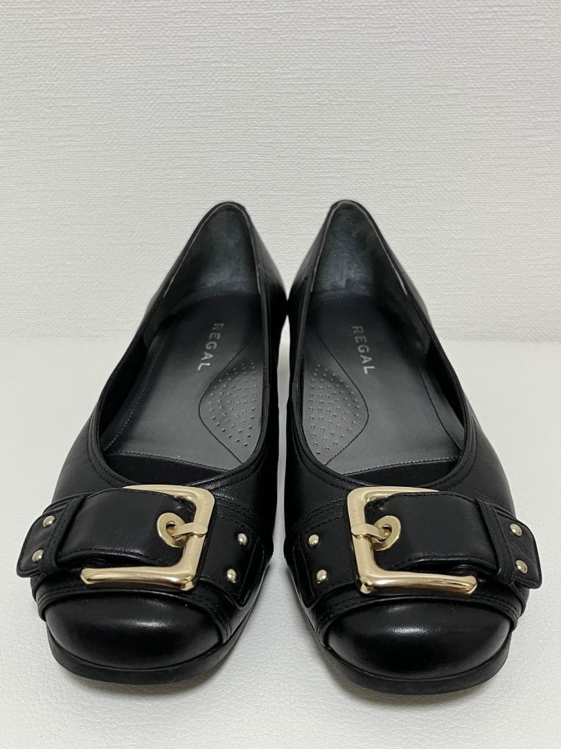 未使用級☆ REGAL ビッグ バックル レザー フラット パンプス 黒 23
