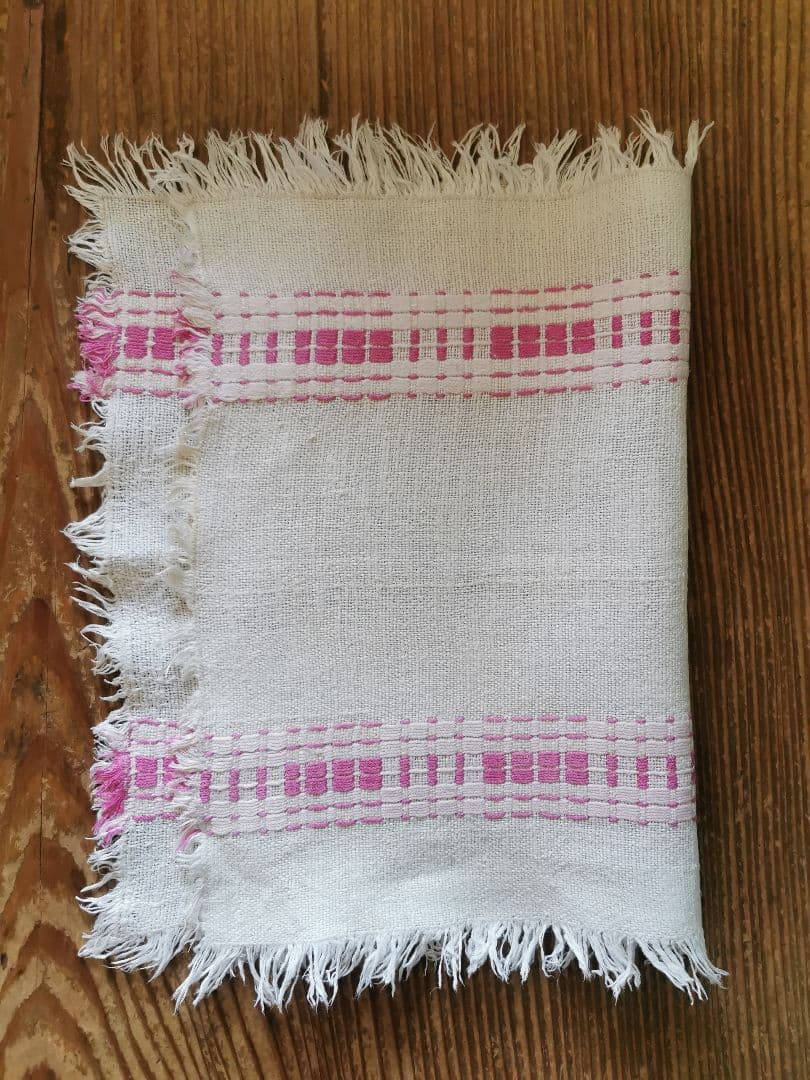 ヴィンテージ フランス ラズベリー桜ピンク織刺繍 プレイスマット リネンランナー