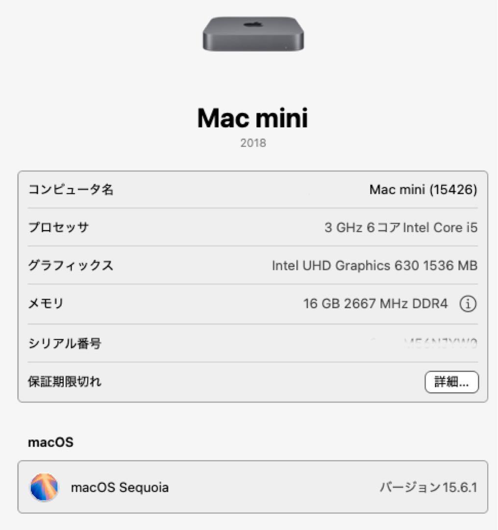 Mac mini 2018 late i5 6コア 3GHz16GB 256GB