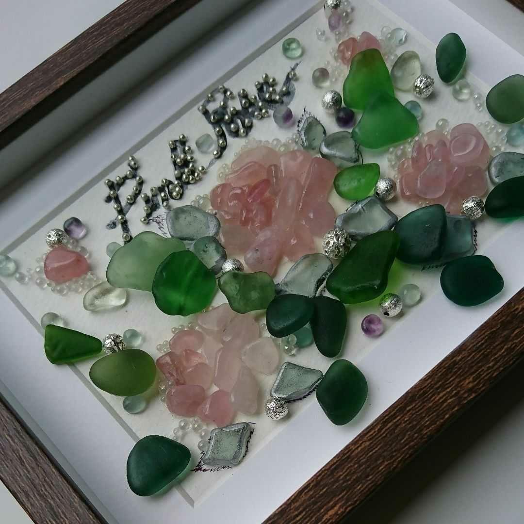 シーグラスアート<ピンクローズ>レア 置物 一点もの 薔薇 天然石 愛の誓い