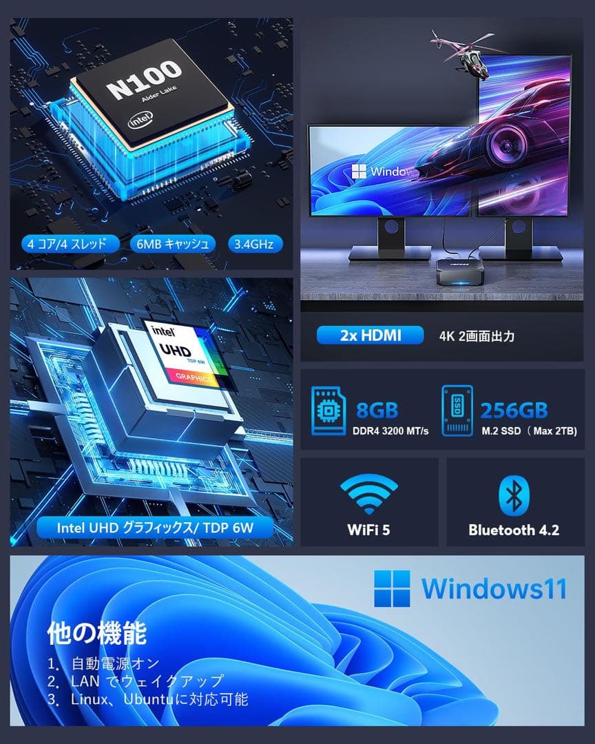 一点限り❣️ミニpc n100 高速動作　最大3.4GHz 4C4T 小型pc