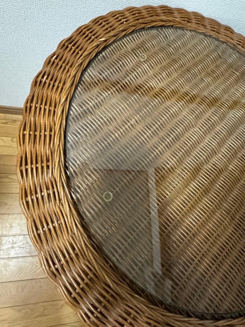 ラタンテーブル 円形 ガラス天板 籐家具