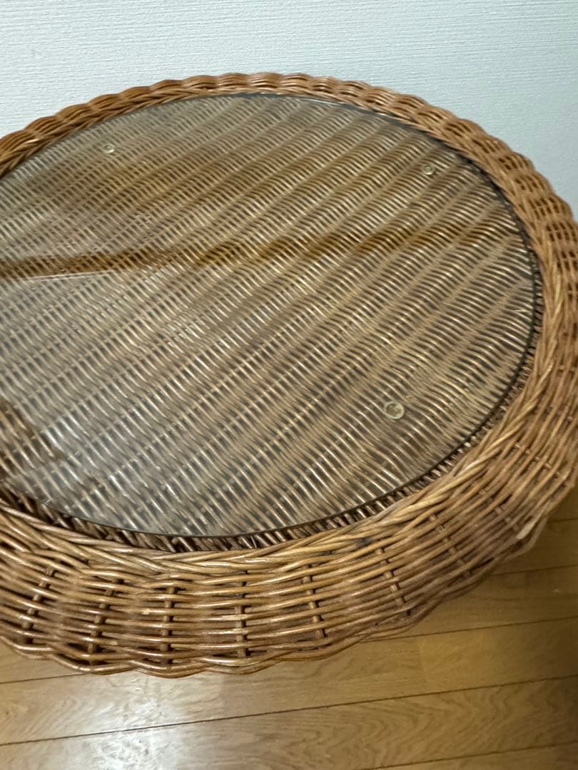 ラタンテーブル 円形 ガラス天板 籐家具