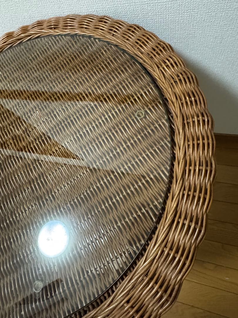 ラタンテーブル 円形 ガラス天板 籐家具