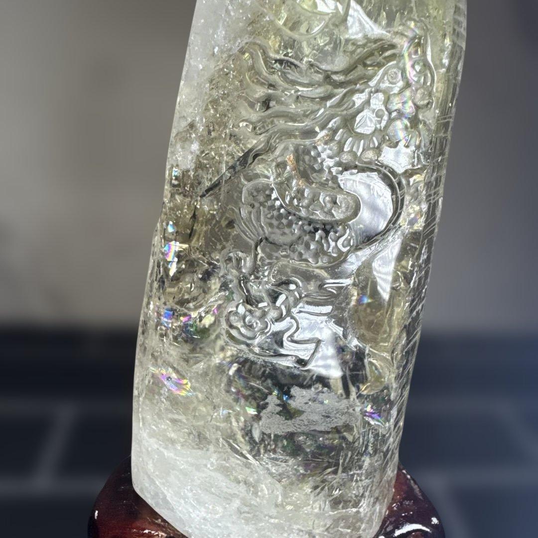 【コレクション】龍彫刻 シトリン原石 747g 高透明 虹入り 台座付