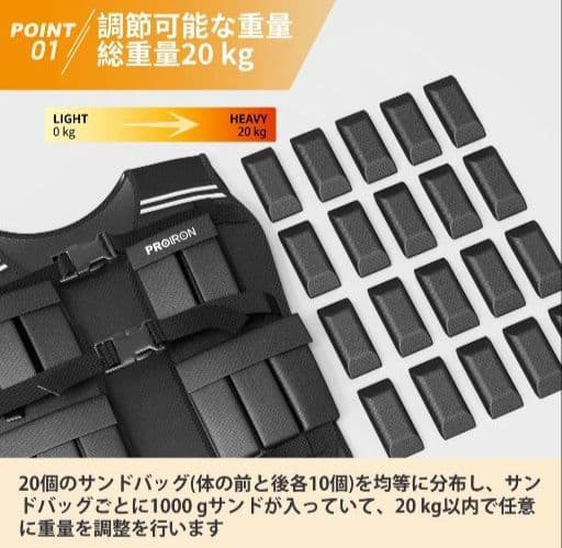 【中古】PROIRON トレーニング用 ウェイトベスト 20kg 予備バックル付