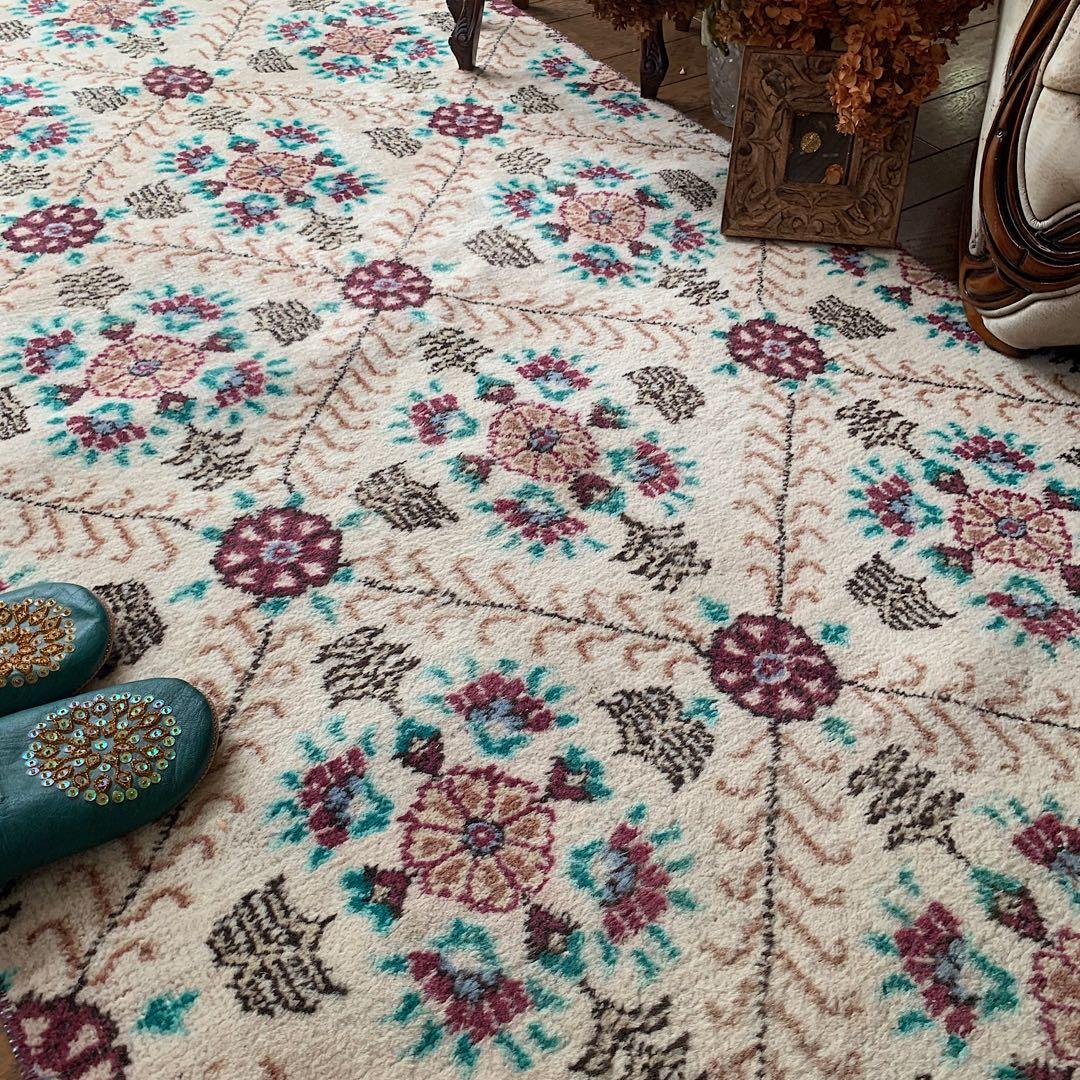 トルコヴィンテージラグ　大判ロング　225×98フラワー　ボルドー　ウール　厚み