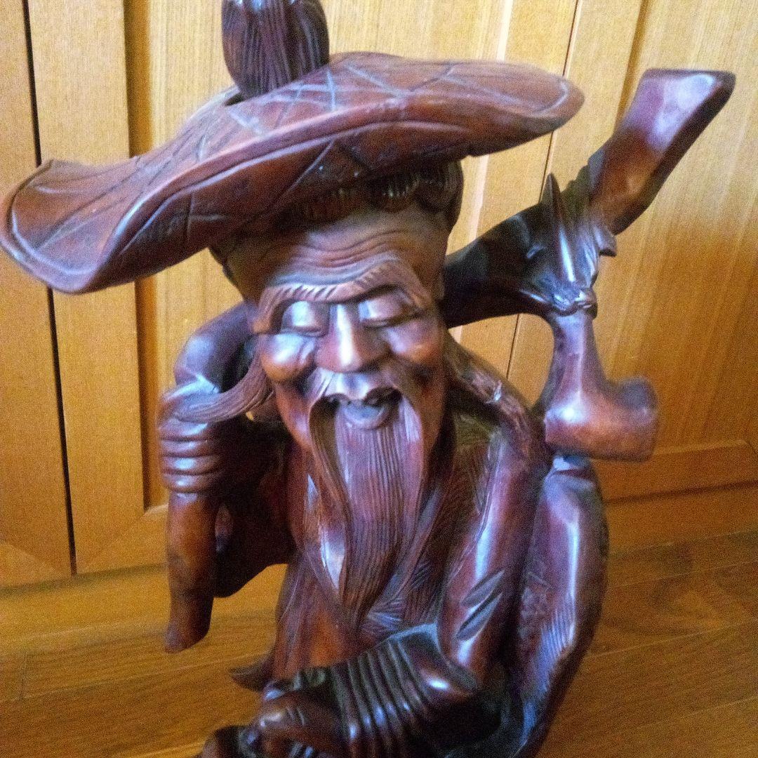 アンティーク木製老人像 大きな帽子と杖付き