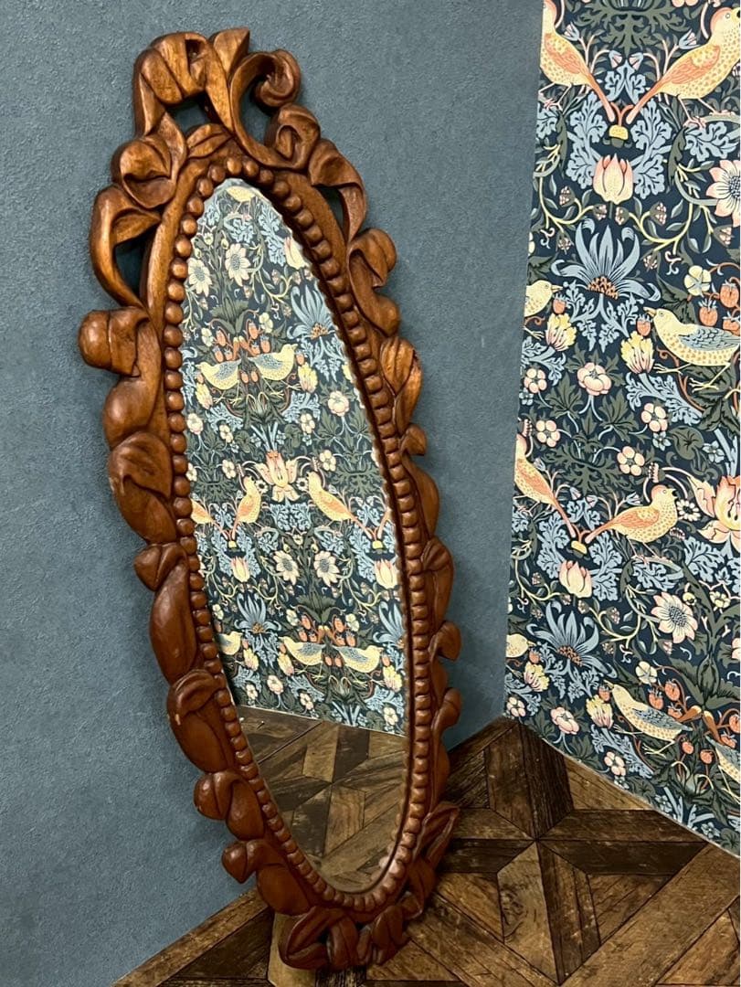 S-fam＊大きめ 木彫り 壁掛けミラー 鏡 インテリア アンティーク