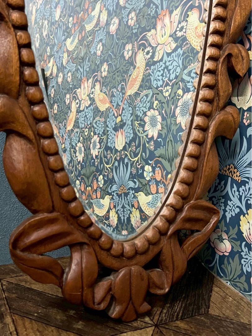 S-fam＊大きめ 木彫り 壁掛けミラー 鏡 インテリア アンティーク