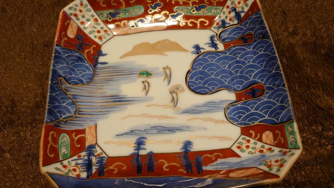 古伊万里　伊万里　色絵　山水　菓子皿　角皿　鑑賞陶器　蔵出し　１客