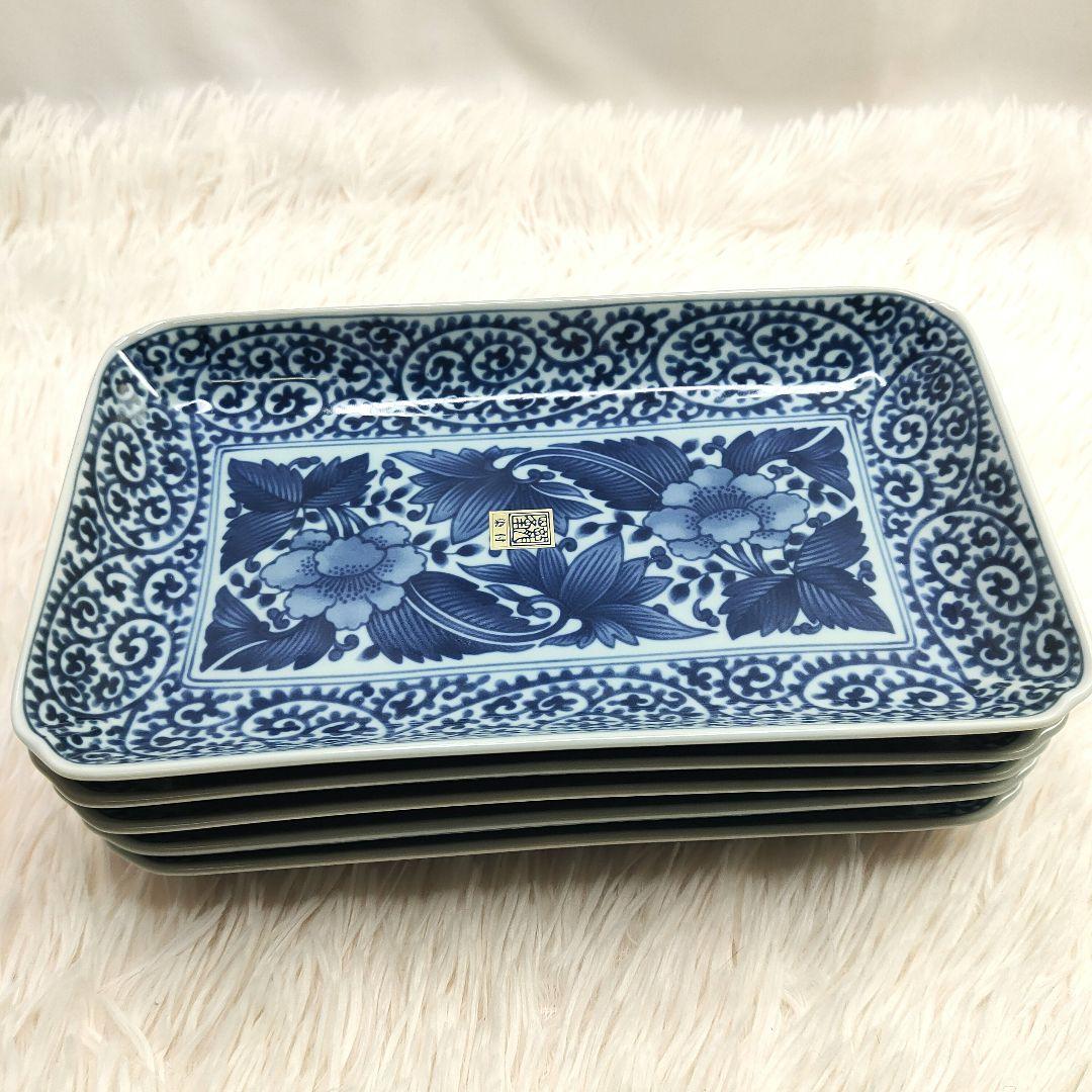 【新品未使用品】龍峰窯 染付古伊万里焼物皿 蛸唐草 牡丹　角皿5枚セット