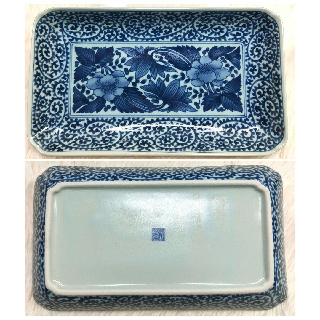 【新品未使用品】龍峰窯 染付古伊万里焼物皿 蛸唐草 牡丹　角皿5枚セット