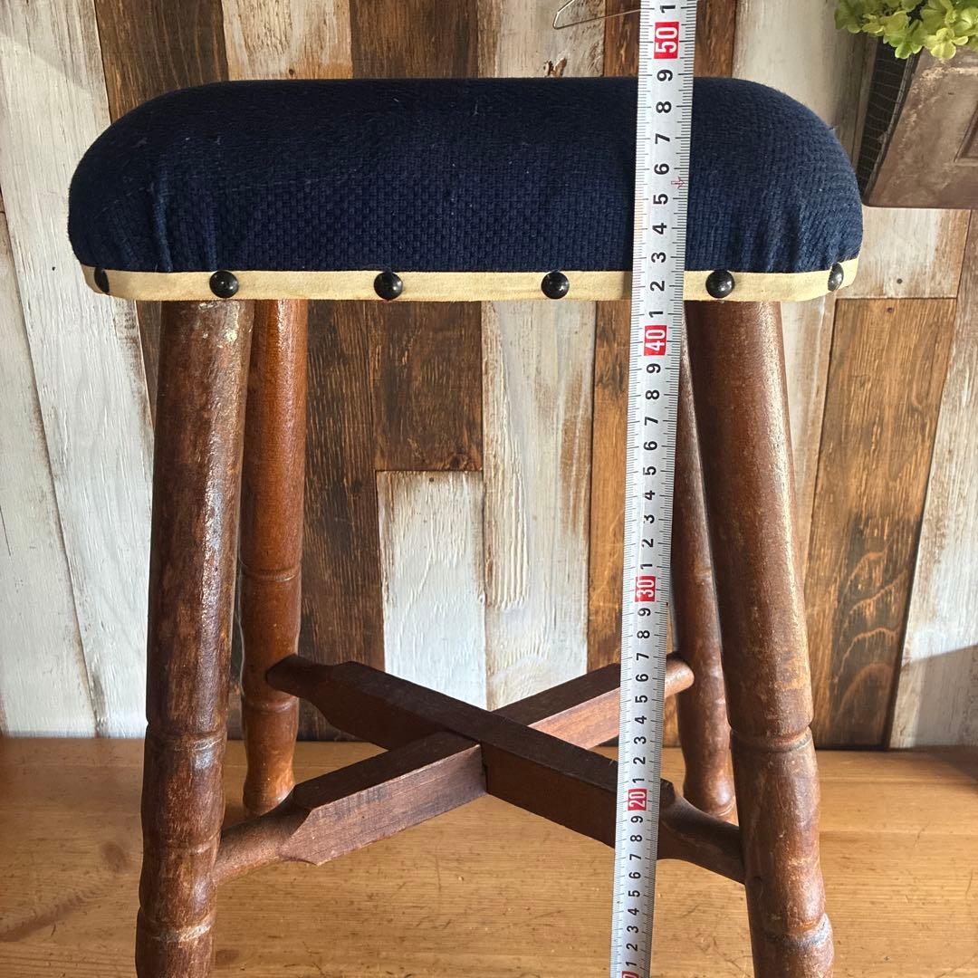 ネイビー布製クッションスツール　アンティーク　古家具　レトロ